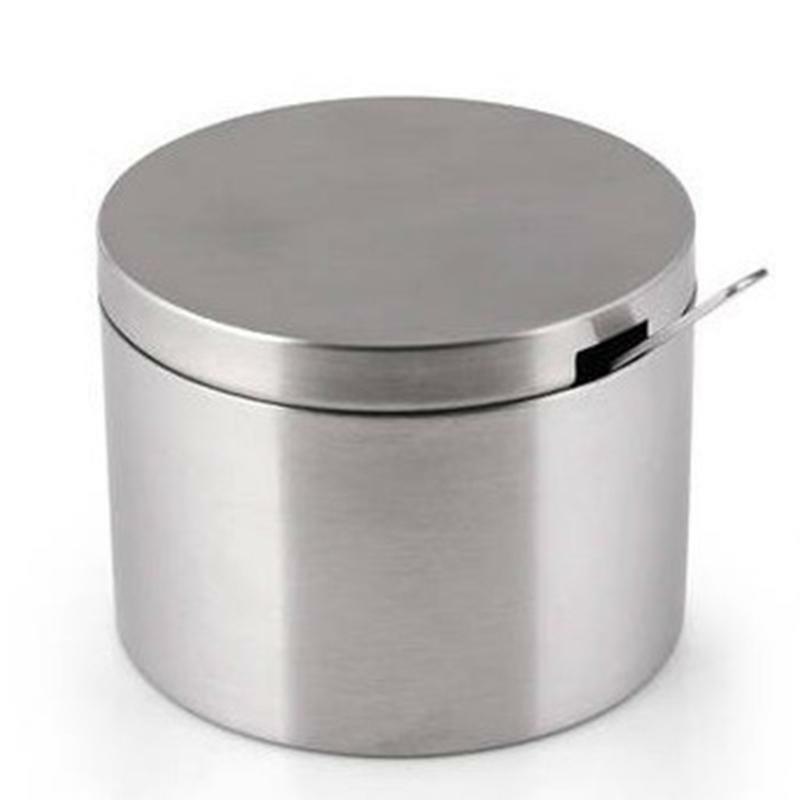 Stainless Steel Sugar Bowl Spoon Seasoning Jar Condiment Pot Spice Container Lid