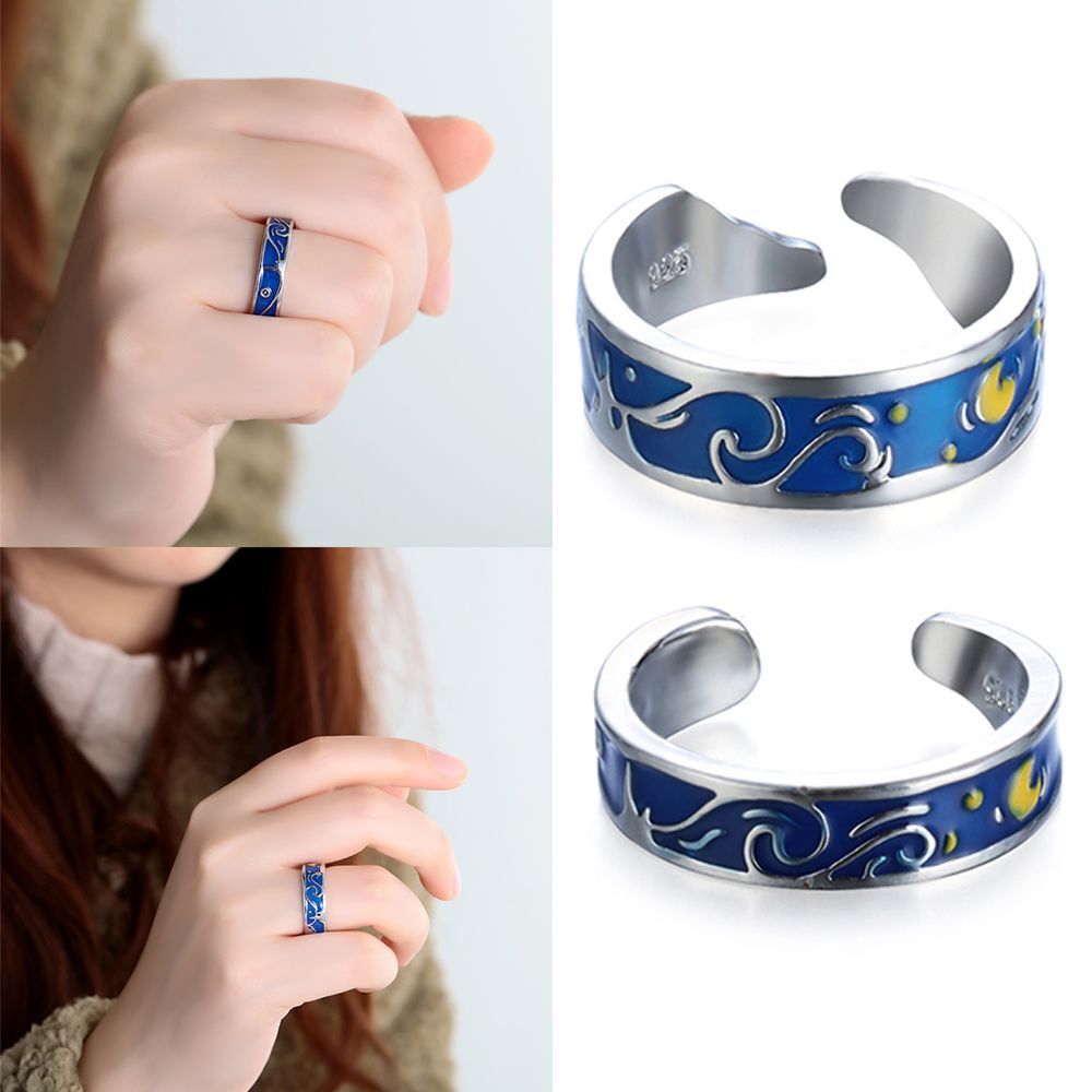 Weddings Valentine's Day Present Van Gogh Couple Rings Starry Sky Adjustable