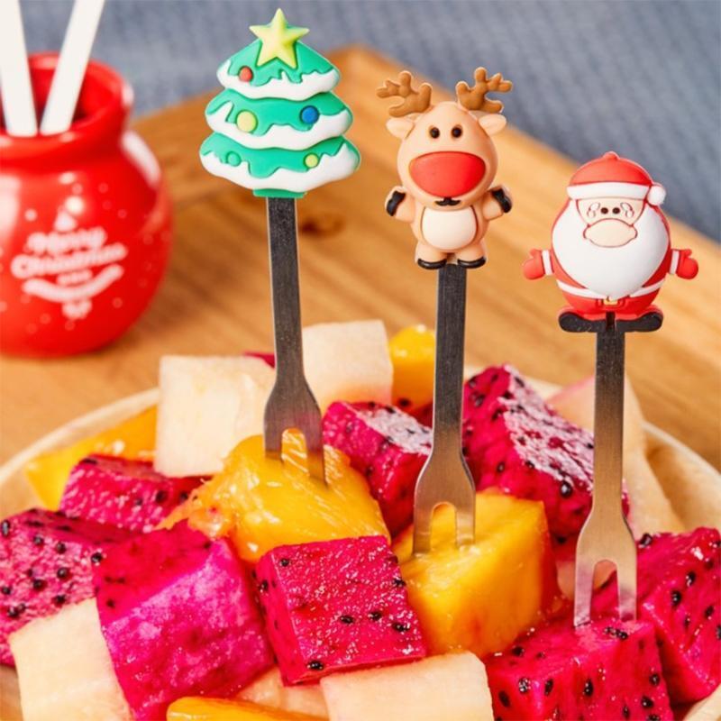Christmas Ornaments Fruit Forks Stainless Steel and Silicone Material Fruit Fork