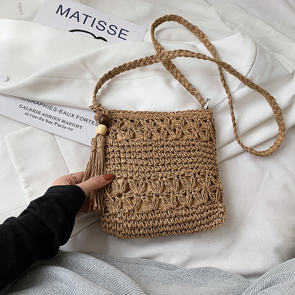 Woven Straw Crossbody Bag Small Women Boho Summer Handbag (Square Khaki)
