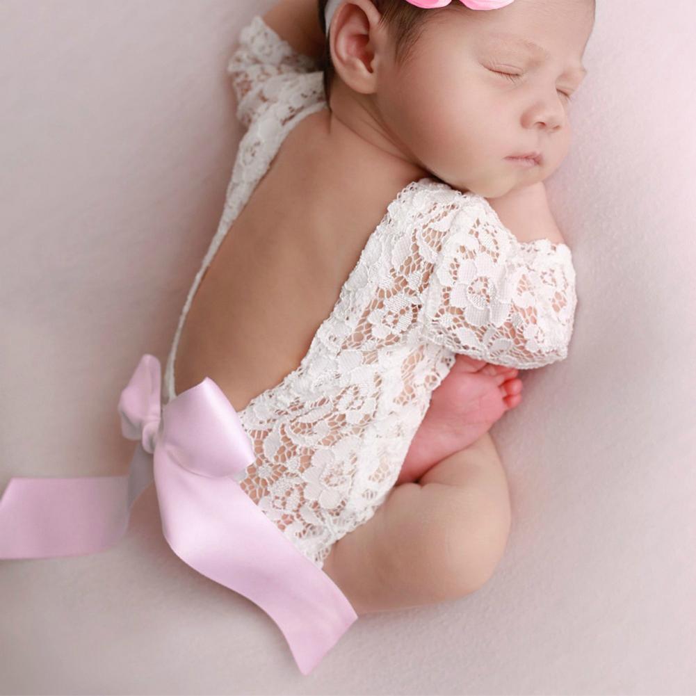 2pcs Newborn Shoot Photography Props Girls Lace Rompers Headband (Pink)