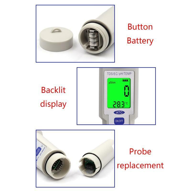 4-in-1 Digital pH Meter with pH/TDS/EC/Temp Function Water Quality Tester ABS