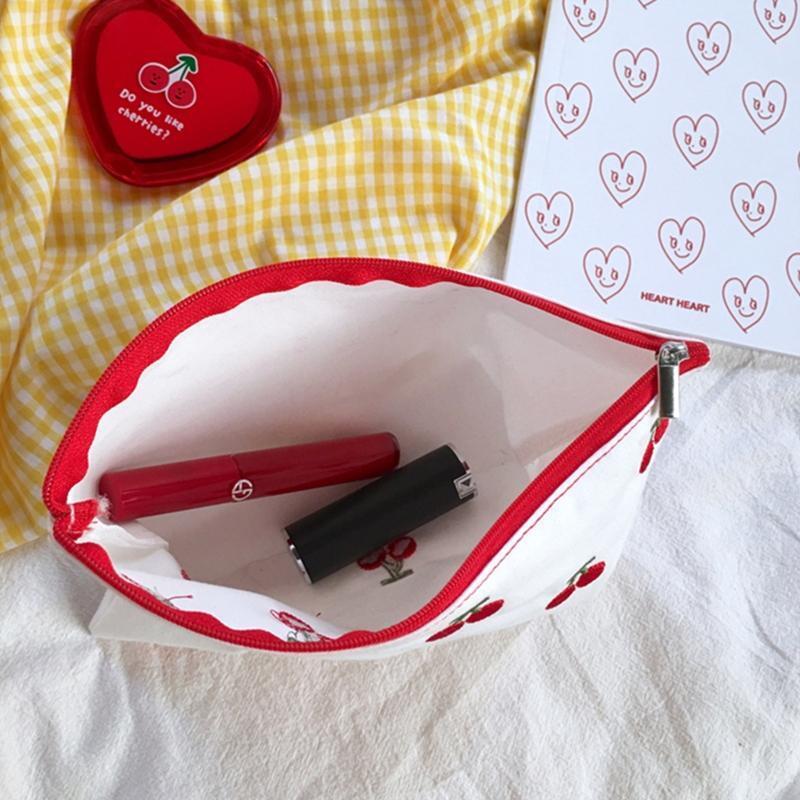 Cute Little Cherry Embroidery Storage Bag with Zipper Coin Lipstick Bags