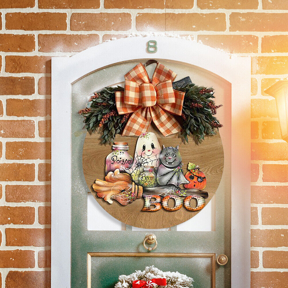Halloween Pumpkin Bow Wreath Hanging Wooden Door Autumn Garland Pendants