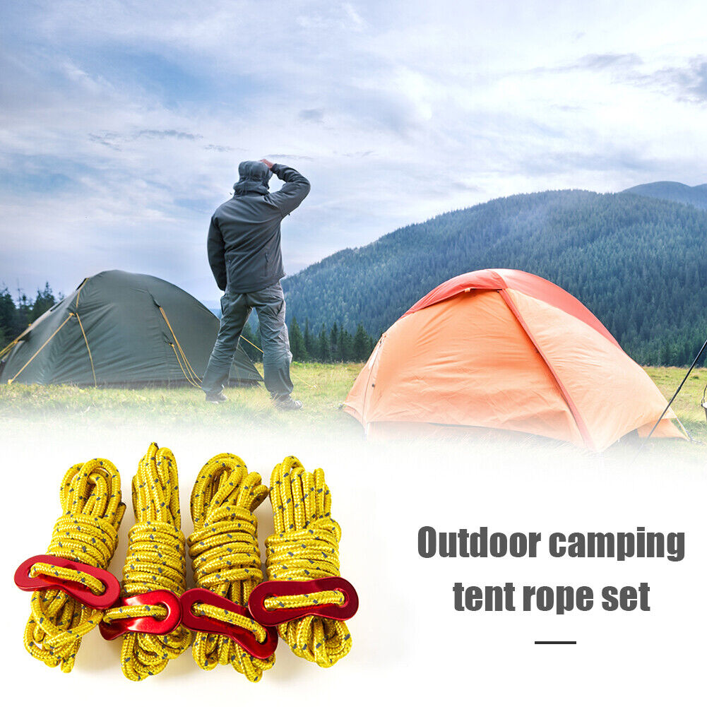 4x 4mm Tent Wind Rope Cord Camping Reflective Lanyard with Buckle (Yellow)