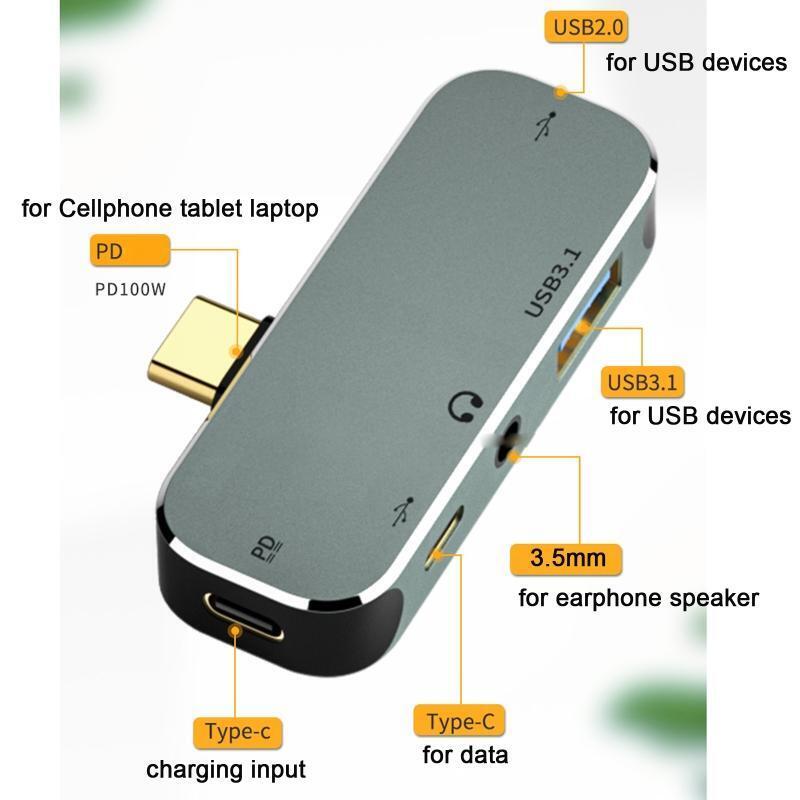5 Port 1xUSB 3.1 Hub Splitter 1xUSB Hub 2.0 1x3.5mm Jack 2xType C Charge Suppor