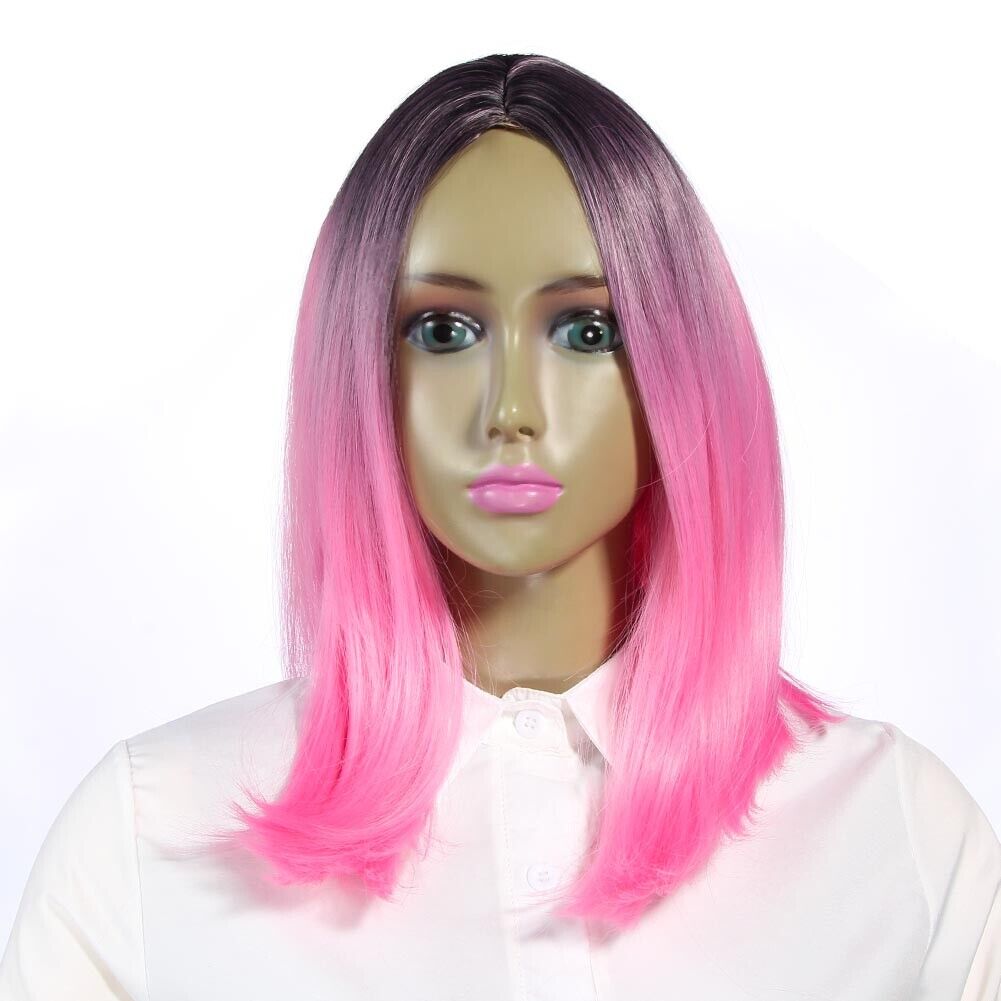 Women Medium-Long Straight Wigs Gradient Pink Heat Resistant Synthetic Hair