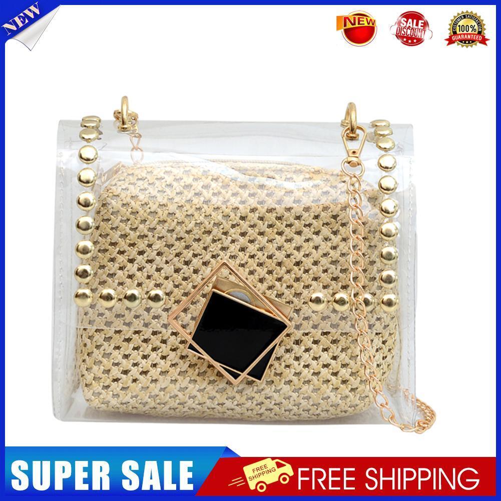 Woven Straw Shoulder Bag Rivet Purse Clear PVC Women Travel Messenger Bags