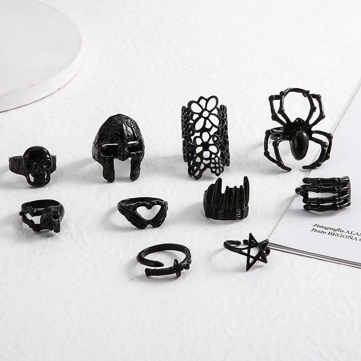 10 Pieces Stylish Punk Alloy Ring Set Decoration Statement Ring Temperament