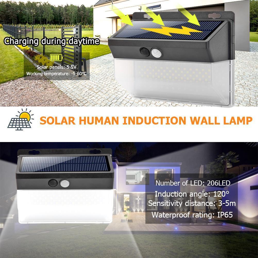 206LED Solar Motion Sensor Wall Light Outdoor Waterproof Garden Street Lamp