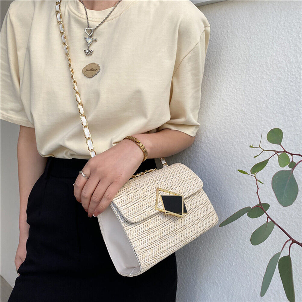 Fashion Women Woven Shoulder Underarm Bag Vacation Crossbody Bags (Beige)