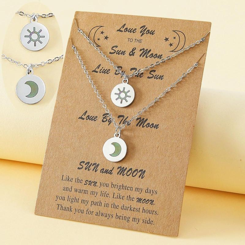 2Pcs Creative Sun Moon Pendant Card Necklace Stainless Steel Women Necklace