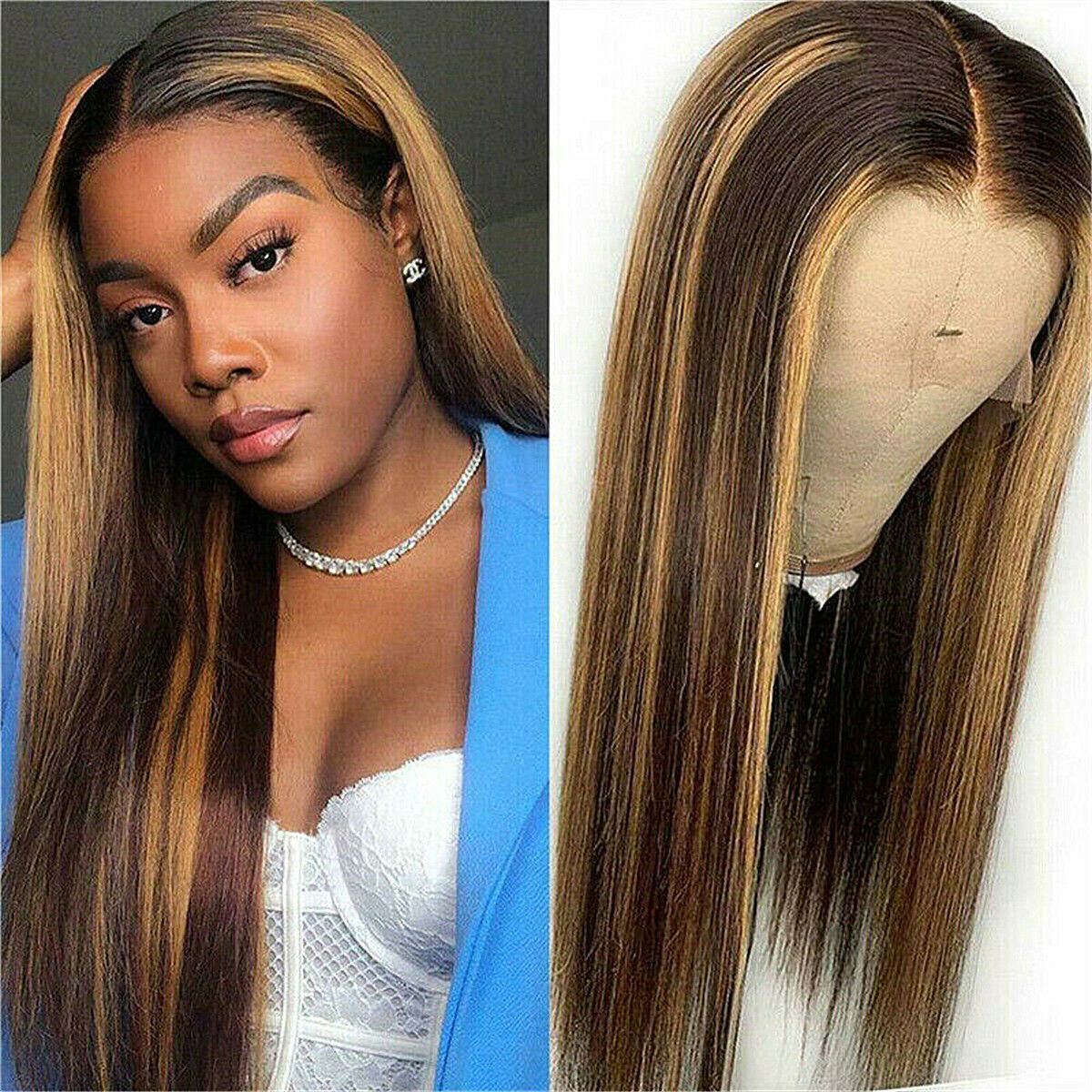 Fashion Ombre Brown Human Hair Wigs Brazilian Full Long Straight Front Wig