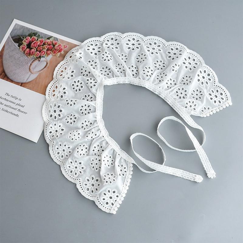 Women Embroidery Lotus Root Pattern Faux Collar Pleated Shawl Lace-Up Cape Scarf