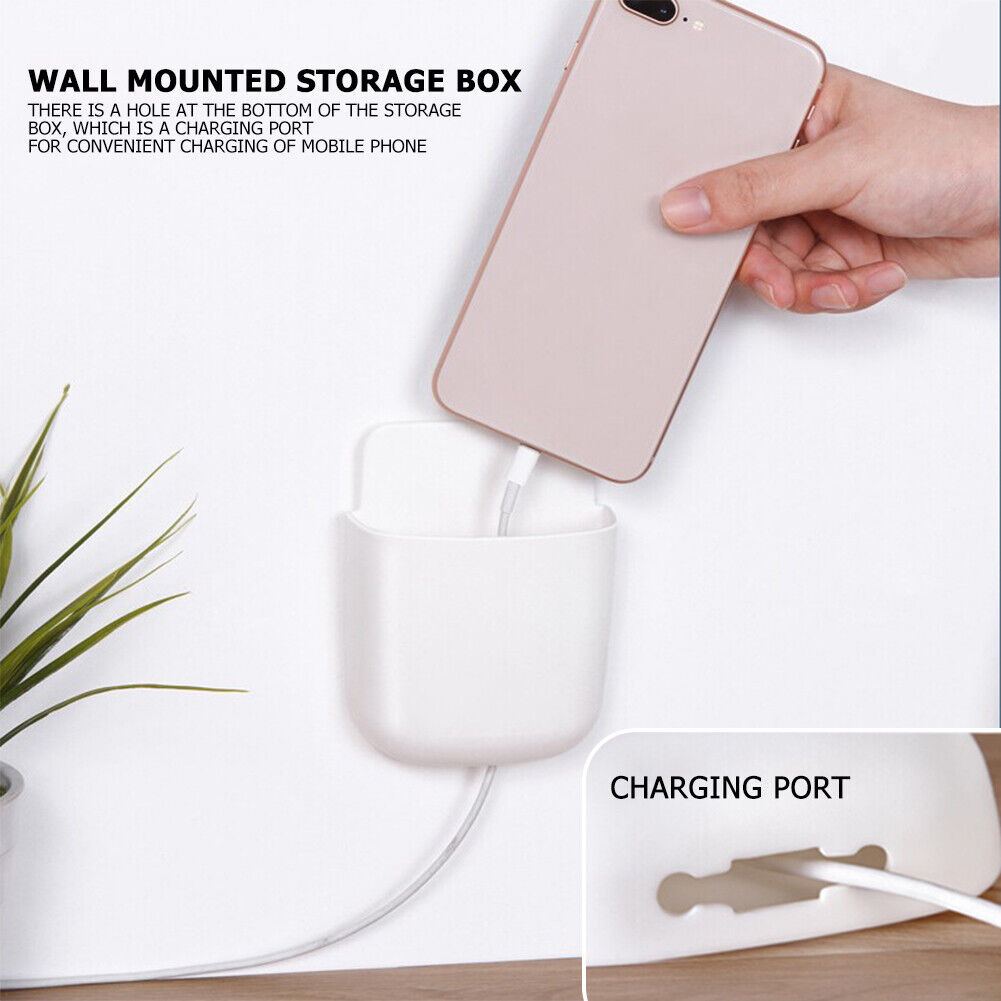 Wall Storage Box Phone Plug Holder Rack Desktop Organizer Stand (White)