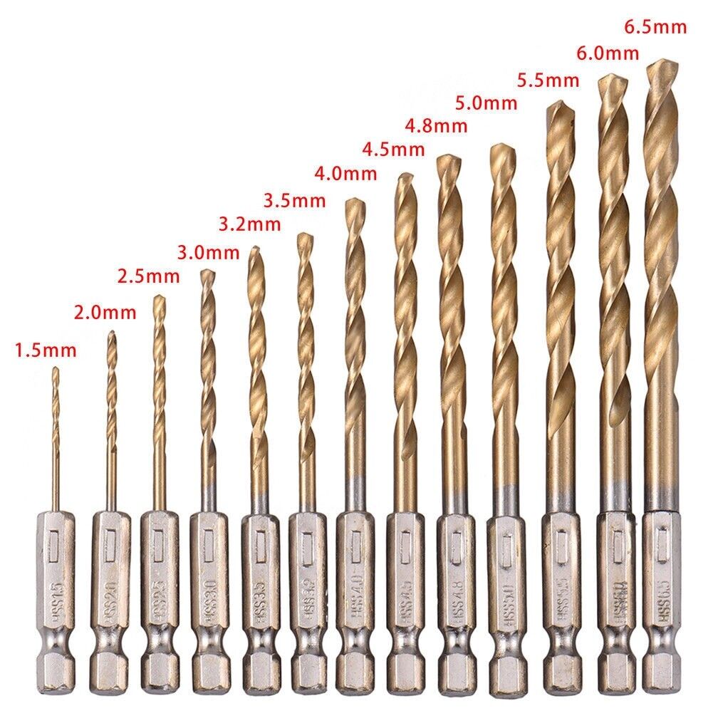 13pc 1/4" Hex Fitting Titanium Drill Bit Set For Metal Wood fits impact
