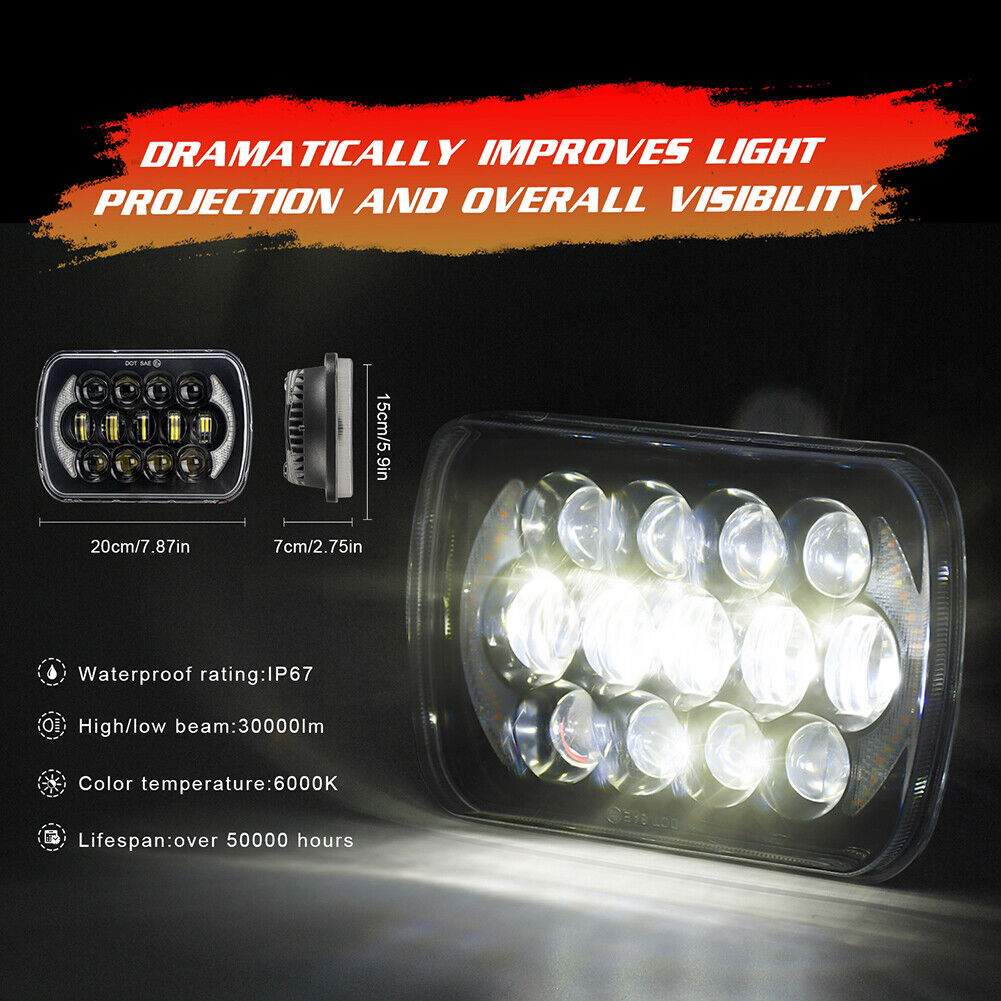 300W 5x7 7x6 inch LED Headlight Hi/Lo Beam DRL Turn Signal for Jeep Chevy