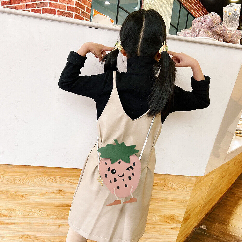 Kids Strawberry Shoulder Money Bag Girl PU Travel Crossbody Pouch (Pink)