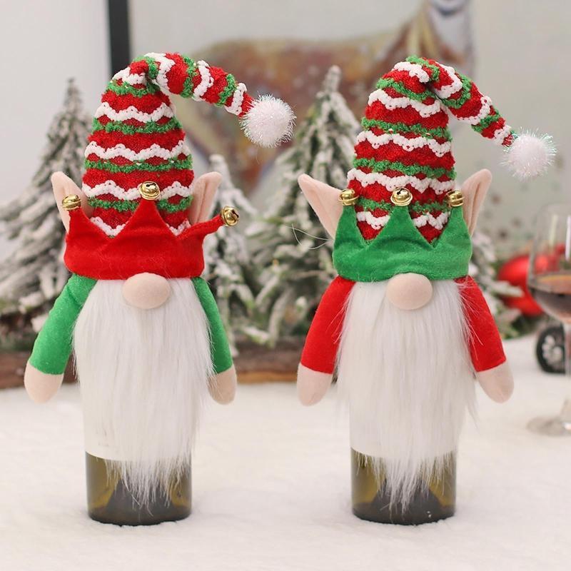 Christmas Wine Bottle Covers Set of 2 Striped Hat Gnome Decoration Accessory