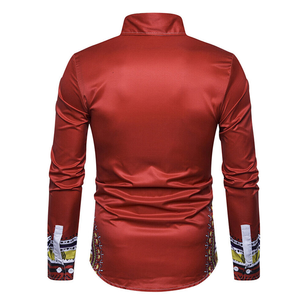 Men Turn Down Collar Casual Totem Print Long Sleeve Ethnic Shirt(Red XL)-20