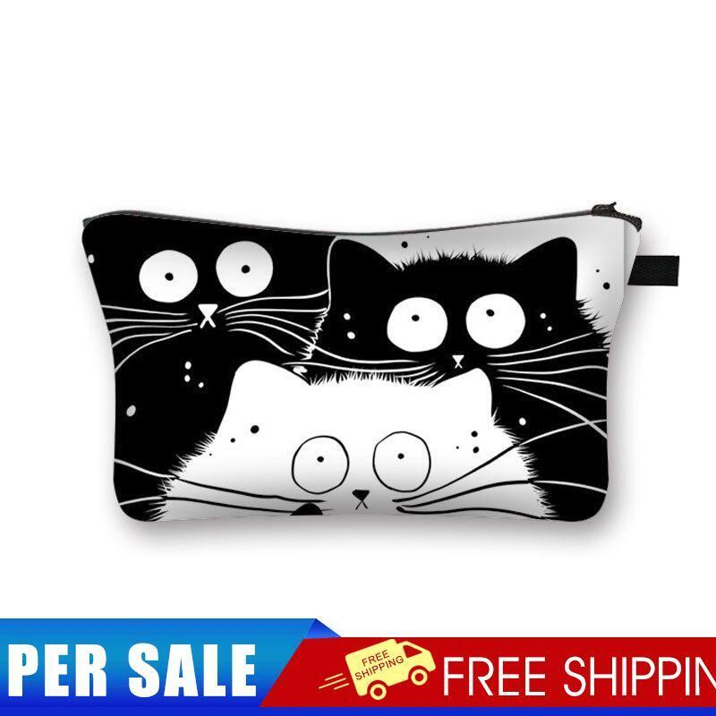 Black and white cat Printed Hand Hold Travel Storage Cosmetic Toiletry Bag