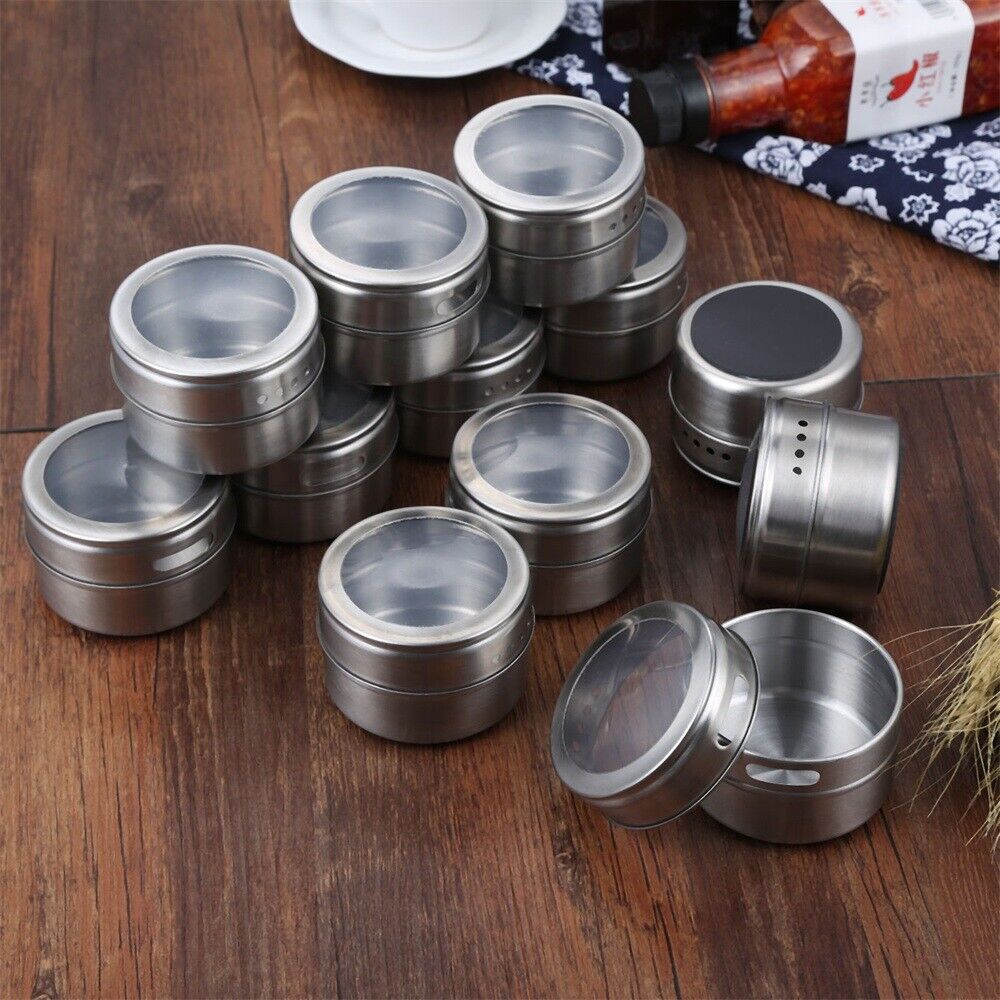 12Pcs/set Magnetic Spice Tins Stainless Storage Container Jars with Clear Lids