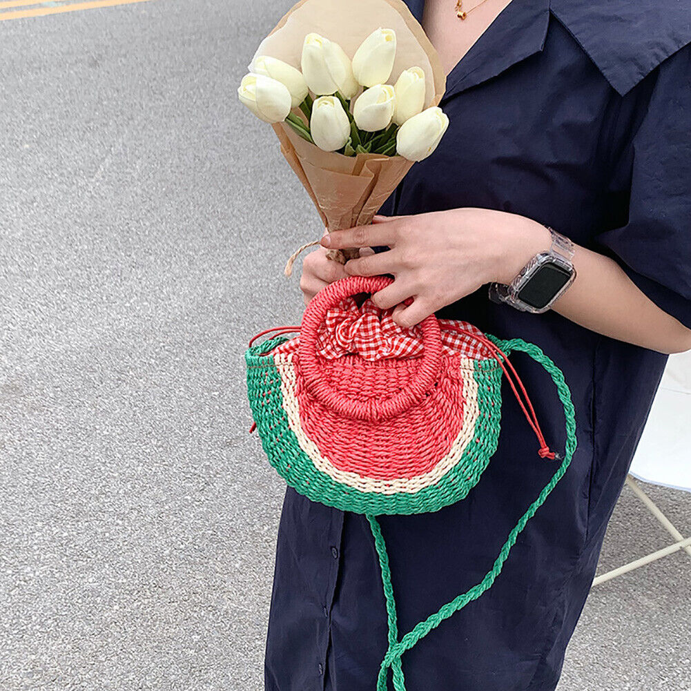 Beach Straw Crossbody Bag Watermelon Handwoven Half Round Holiday Handbag