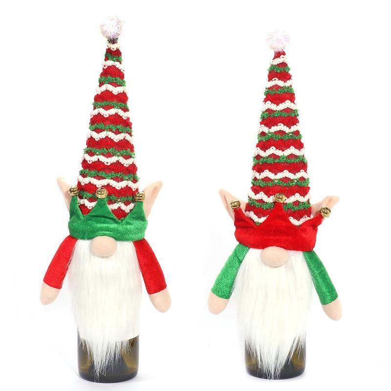 Christmas Wine Bottle Covers Set of 2 Striped Hat Gnome Decoration Accessory