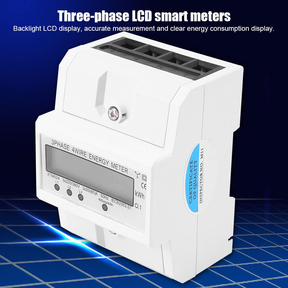 Digital 3 Phase 4 Wire Electric Energy Meter DIN Rail kWh Power Wattmeter