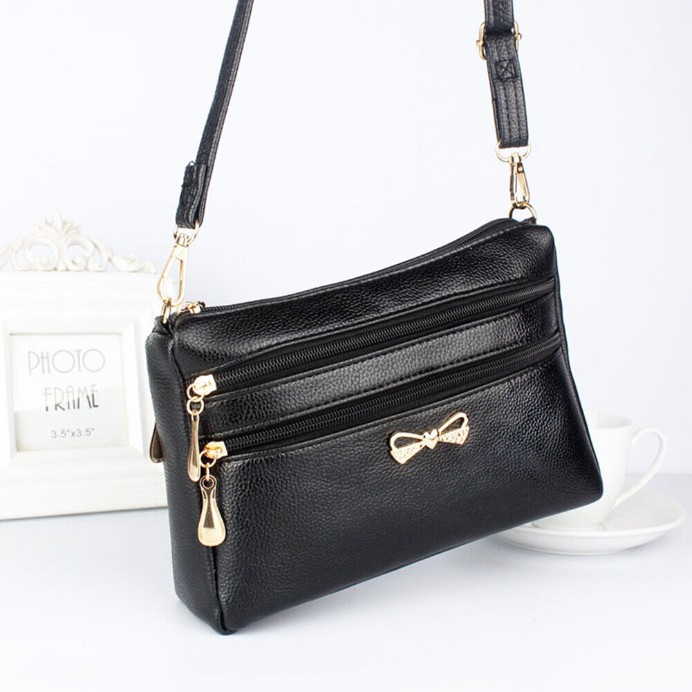 Solid Leather Crossbody Bag Women Litchi Pattern Multi-layer Purse (Black)