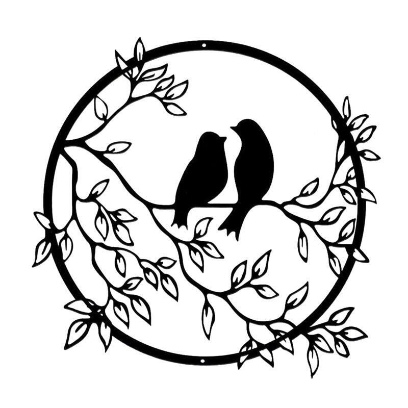 Metal Couple Bird on Branch Sculpture Iron Wall Silhouette Round Plaque Decor