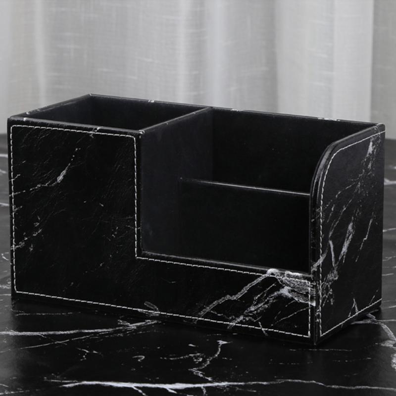 Black Marble Leather Desk Stationery Organizer Pen Pencil Holder Remote Control