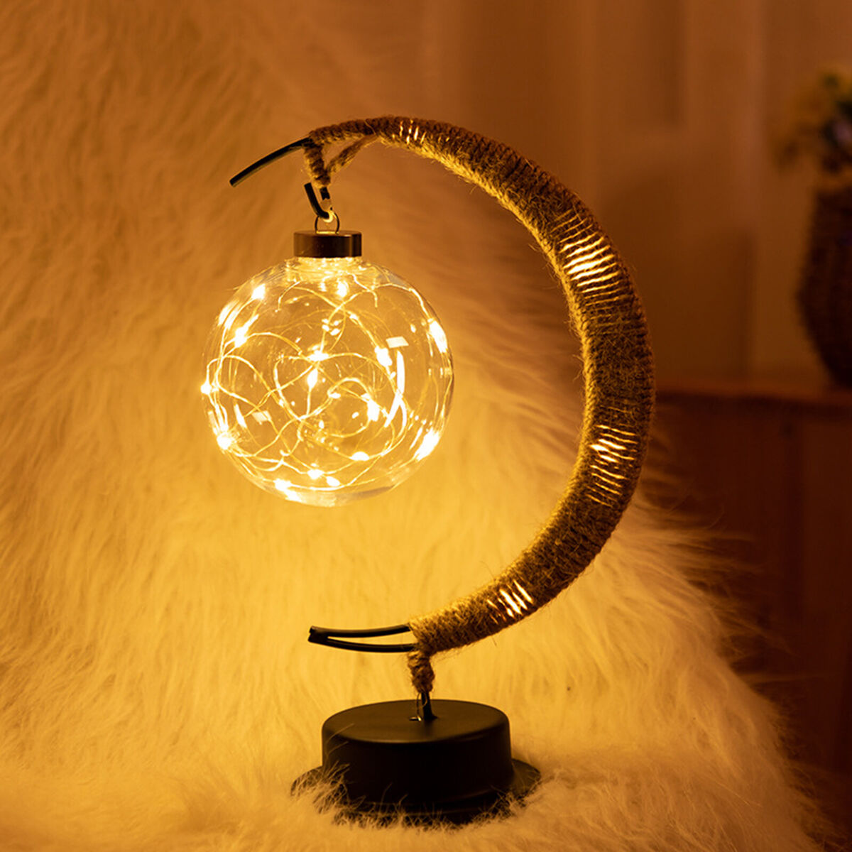 LED Moon Sepak Takraw Lamp Handmade Hemp Rope Wrought Iron Night Light Home