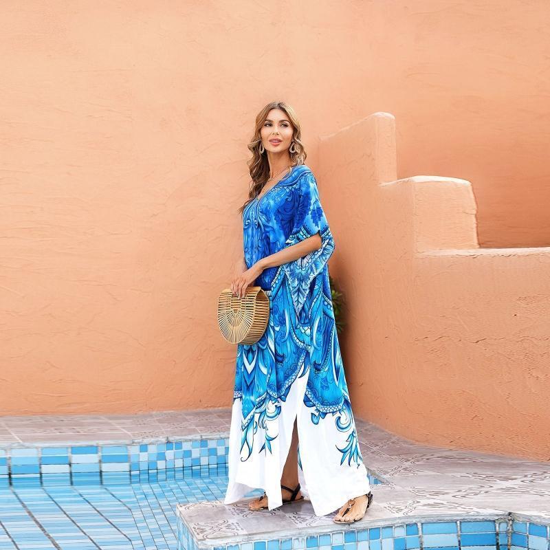 Women Beach Bikini Cover Up Robe V-Neck Kaftan Blue White Floral Maxi Long Dress