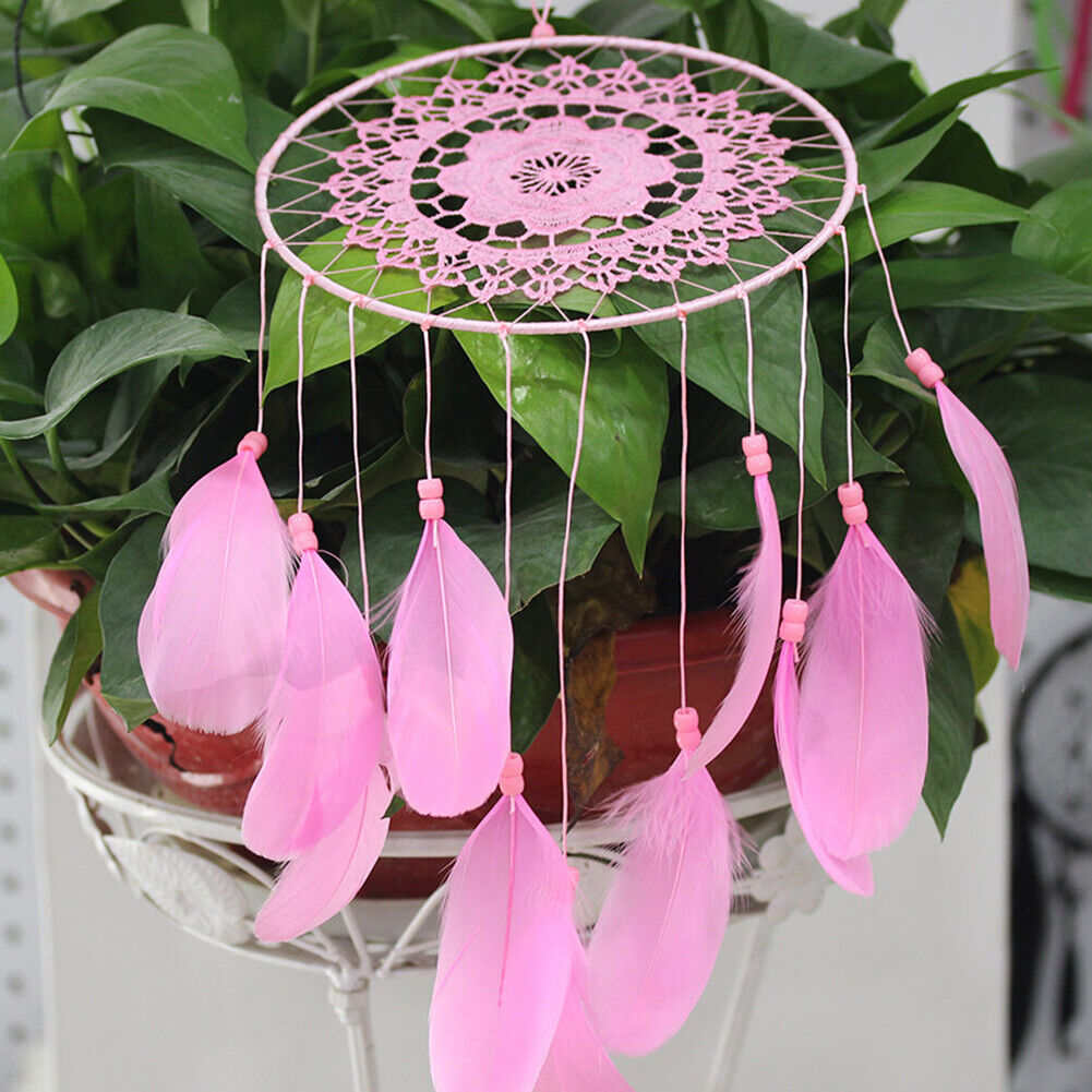 Pink Handmade Lace Dream Catcher Feather Bead Hanging Decoration Ornament