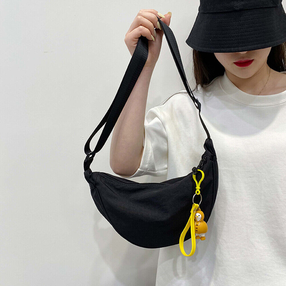 Lady Dumpling Shape Crossbody Bag Pure Canvas Portable Shoulder Bag (Black)