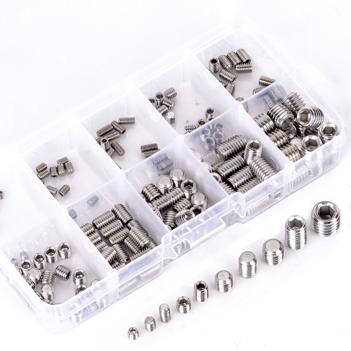 200pcs Stainles Steel Hex Socket Set Screw Grub Screws Assortment Kit M3-M8 Box