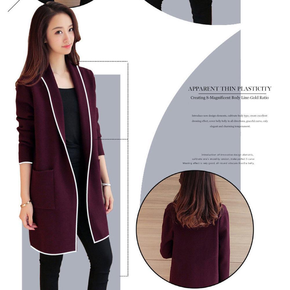 Splicing Color Long Overcoat Women Loose Cardigan Outwear (Wine Red M)