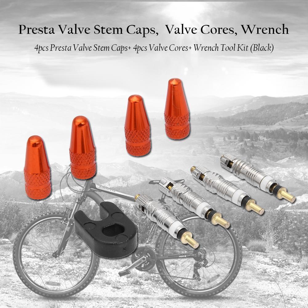 4pcs Presta Valve Stem Caps+ 4pcs Valve Cores+ Wrench Tool Kit (Red)