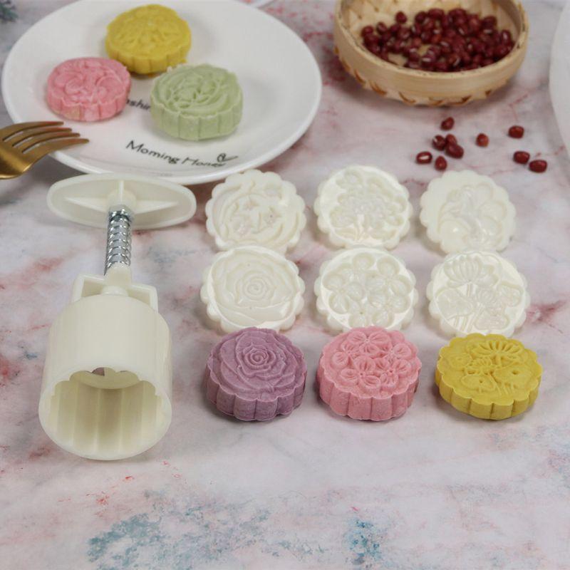 6pcs Hand Press Cookie Stamp Moon Cake Decor Barrel Mooncake Mold 50g Pastry DIY