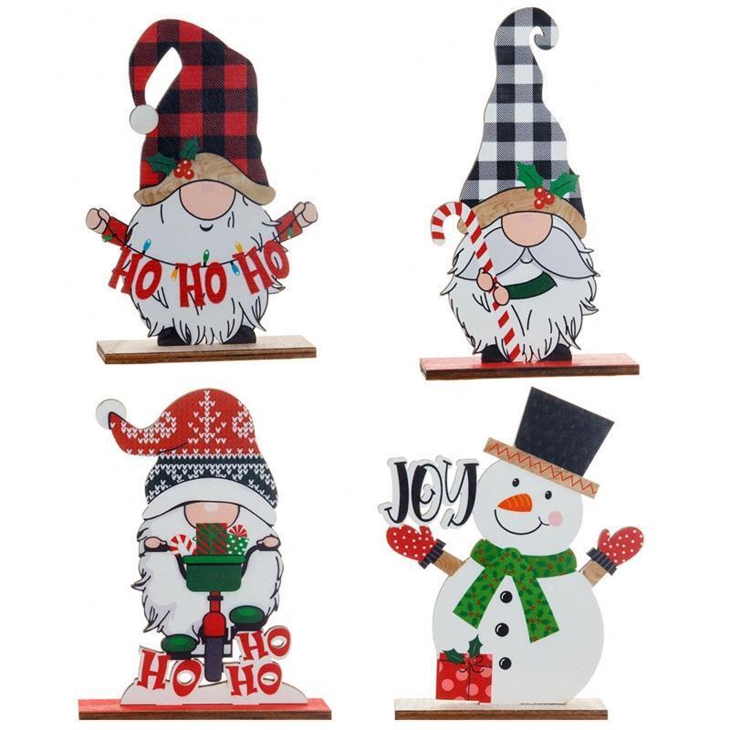 Christmas Wood Ornaments 4pcs/set Gnome Snowman Tiered Tray Decor Crafs