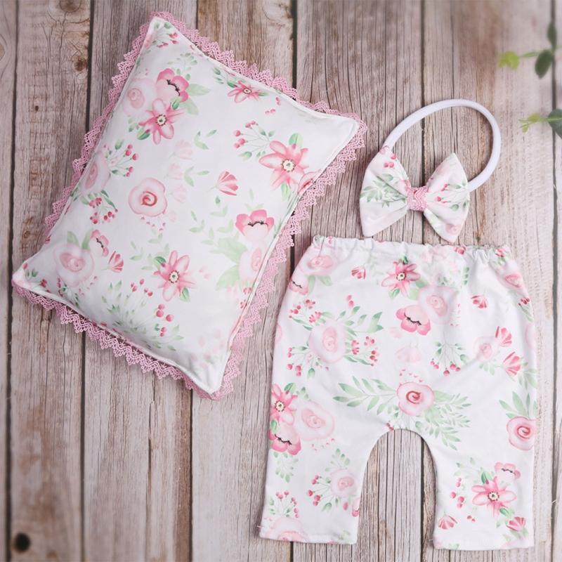 Newborn Photography Props Outfits 1Set Baby Girls Printed Bowknot Headband Kit