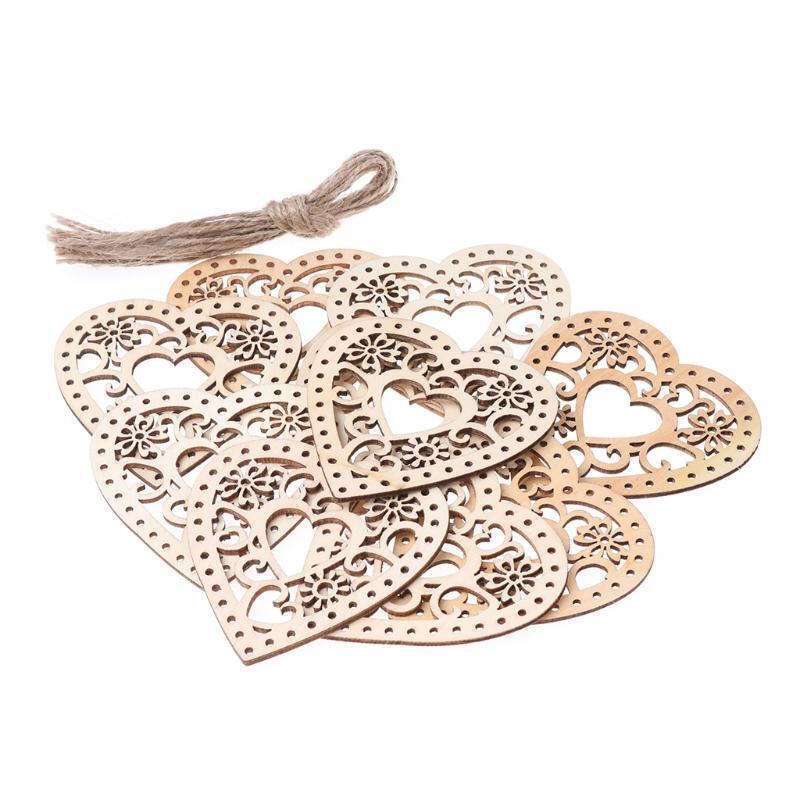 10Pcs Heart Shap Hollow Unfinished Wooden Hanging Ornament DIY Decor With String