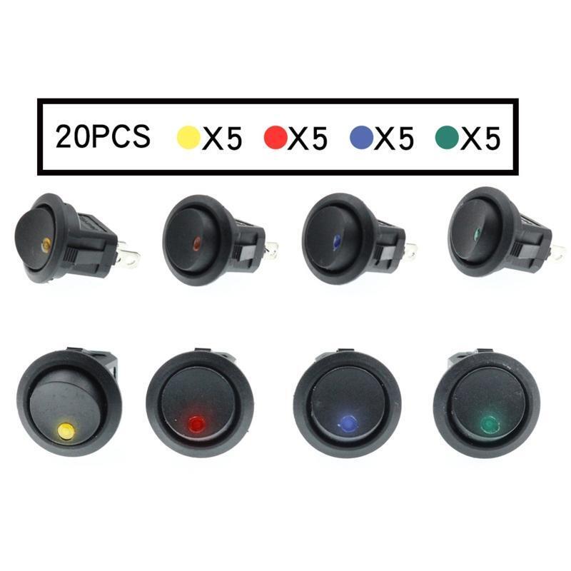 20 Pieces Rocker Round LED Toggle Switches On-Off Switch Blue Green Yelllow Red