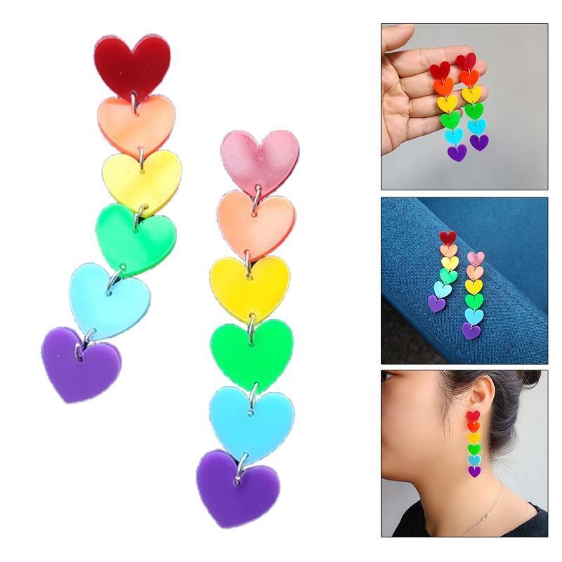 Fashion Rainbow Long Tassel Acrylic Earrings Peach Heart Exaggerated Pendants