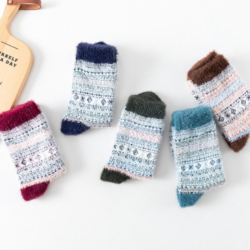5 Pairs Men Winter Warm Knit Furry Socks Ethnic Multicolor Fuzzy Thermal Hosiery