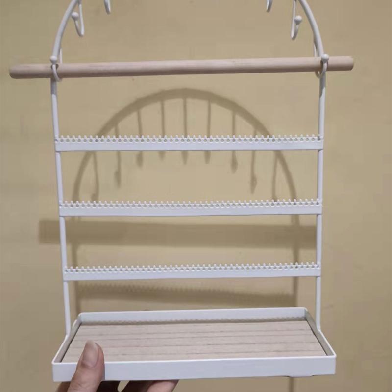 Tiered Jewelry Display Rack Metal Jewelry Organizer with Wooden Tray & Hook