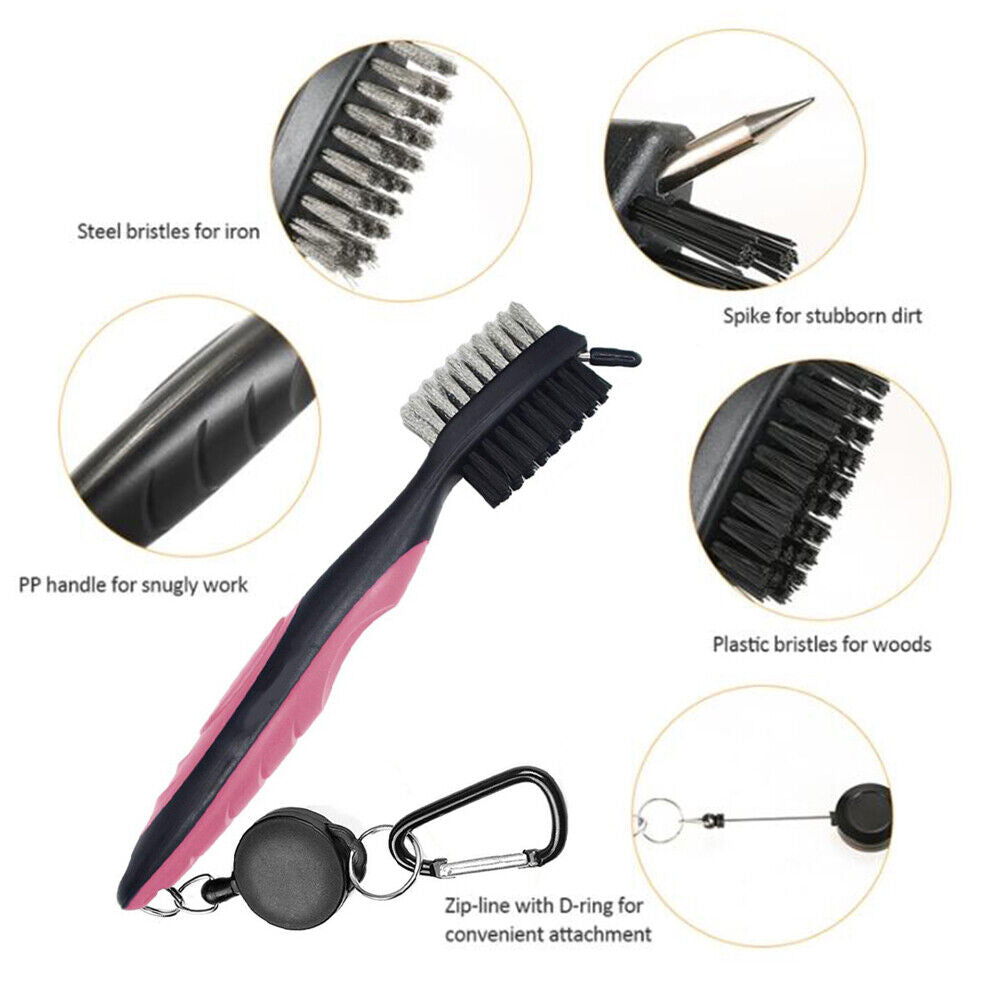 Retractable Golf Club Brush Groove Cleaner w/ Clip for Irons Woods (Pink)
