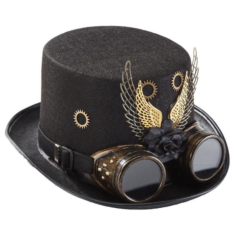 Victorian Gear Wings Goggles Top Hat Steampunk Jazz Hat for Masquerades Party