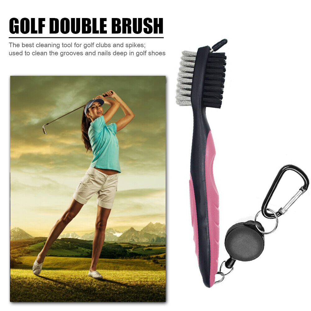 Retractable Golf Club Brush Groove Cleaner w/ Clip for Irons Woods (Pink)